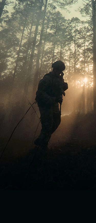 Soldados caminan por un bosque al amanecer