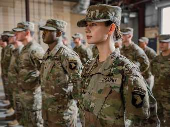 Female Soldier in uniform standing side by side with other Soldiers