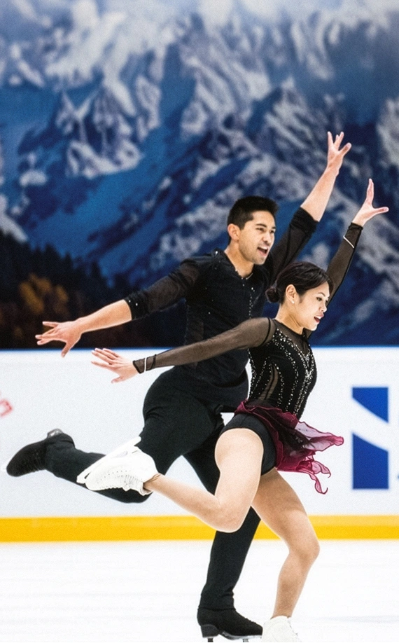 Pfc. Spencer Howe in a black outfit performing on ice with his figure skating partner, Emily Chan