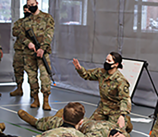 <p>ROTC Cadets come from all walks of life. Some are at the top of their class and active in sports or clubs and other organizations. ROTC is open to men and Woman. Here, a female cadet is instructing a class at lab on the subject matter of enemy prisoner of war.</p>
