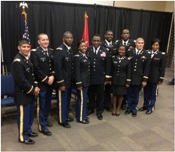 The commissioning class of 11 May, 2012 stands with Major General Wells moments after the oath of office. From left to right: 2LT. Eric Moreno, 2LT. Alexander Abt, 2LT Dontavius Logan, 2LT. Andrea Ellis, MG Wells, 2LT. Paul Parker, 2LT. Ashlin Randolph, 2LT Keron Rouse, 2LT Jessy Toscano, and 2LT Shante Frazier.