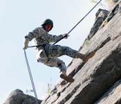 New members of the Bulldog Battalion learn to rappel at the cliffs of Minnehaha. Cadets learn the basics of rappelling on a small slope and then graduate to a 15 ft. cliff. After ample training their day ends with the culminating exercise of rappelling from a one hundred foot cliff. Cadets learn to build confidence in their training and equipment.