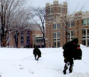 Winter training during a Friday Lab in winter on the campus of Marquette University. During labs, cadets will learn basic military skills and practice squad tactics.