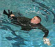 Combat Water Survival Training (CWST) is an event to test the cadets' swimming abilities. The event consists of several stations to include a 25 meter swim, 12 meter swim with weapon, blind equipment jump, equipment release, and BDU floatation methods. The CWST prepares cadets for the same event at Leadership Development Advanced Course (LDAC). Although it is a training event and skills test, cadets enjoy the opportunity to try something new.