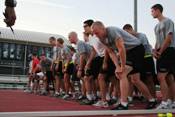 Cadets line up at the TCU track to begin the run portion of the Army Physical Fitness Test. Cadets take part in various Physical Training (PT) sessions to build strength, overall health, and esprit de corps.